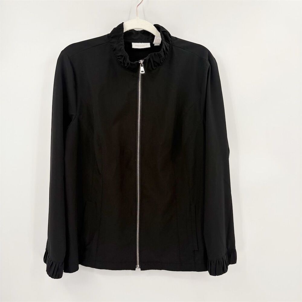 Chico's Weekends Black Zip-Up Jacket Size L Ruffled Collar Casual Activewear